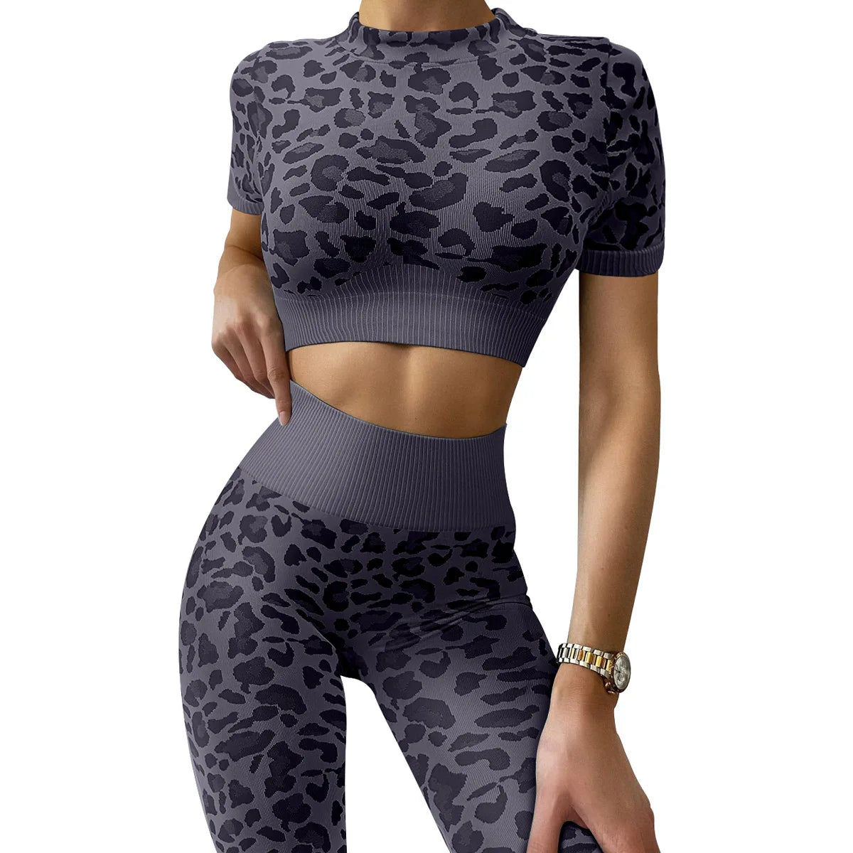 Leopard 2 Piece Yoga Set for Women Workout Clothing Sports Outfits Gym Crop Top Fitness Tracksuits Seamless Leggings Activewear