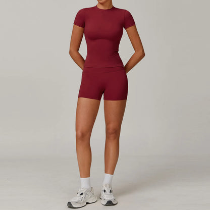 2PCS Yoga Set Women Tracksuits Seamless Workout Set Sportswear Gym Clothing Fitness Sshort Sleeve Crop Top High Waist Leggings