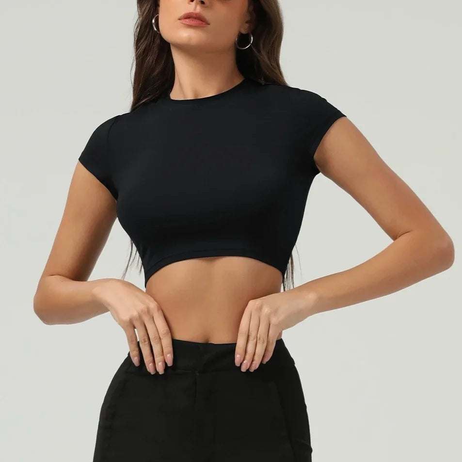 Women Yoga T-Shirt Fitness Crop Top Sexy Workout Short Sleeve Push Up Yoga Shirt Gym Top Running Active Wear Sport Clothes