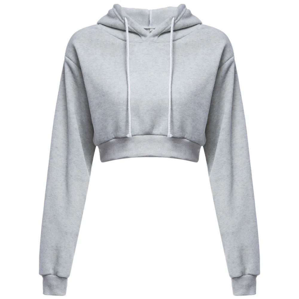 Fashion Women Solid Hoodie Sweatshirt Short Tops Sport Pullover Hooded Streetwear Female Autumn Winter Clothes Crop Tops Hoodie