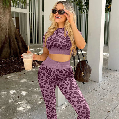 Leopard 2 Piece Yoga Set for Women Workout Clothing Sports Outfits Gym Crop Top Fitness Tracksuits Seamless Leggings Activewear