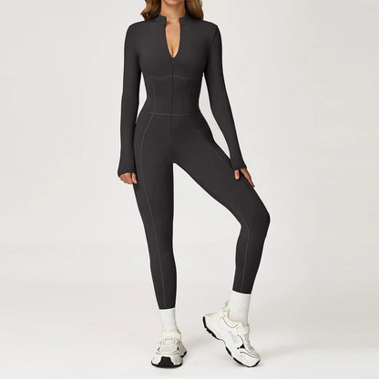 VITALINOVO Fleece Lined Long Sleeve Jumpsuits for Women Full Zipper Bodysuit Workout Full Length Bodycon Scrunch Leggings Onesis
