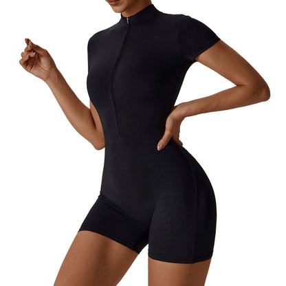 Women's Short Sleeve Jumpsuits Slim Fit Stretch One Piece Yoga Playsuits Tights Romper Sexy Fitness Female GYM Zipper Sportwears