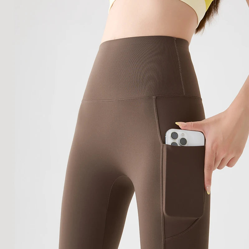 BIVIGAOS Spring Autumn Double Side Pocket Sharkskin Leggings Women Tight Elastic High Waist Sports Fitness Running Leggings