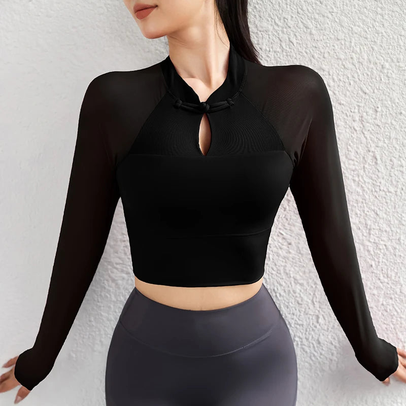 Workout Crop Tops for Women Yoga Long-sleeved Slim Fit Athletic Gym Built in Bra Running Workout