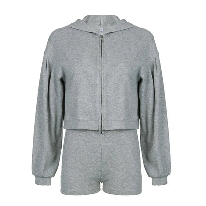 Solid Sport 3 Piece Set Crop Vest Hoodie Tracksuit Women Casual Sweatshirt Coat Mini Short Matching Set Sportswear 3 PCS Outfit
