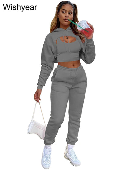 Tracksuit 3 Pieces Pants Sets for Women Velvet Hoodie Crop Tops+Vest+Sweatpants Matching Suit Sport Jogger Winter Fall Outfits