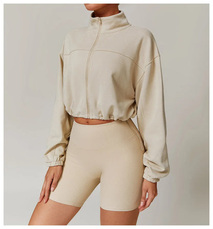 Women Sports Short Coat Long Sleeve Zipper Up Drawstring Jacket Running Outdoor Sweatshirts Girls Gym Fitness Tops Coat Jacqueta
