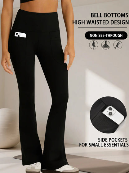 Women's Super Soft Flare Pants with Pockets High Waisted Tummy Control Workout Yoga Push Up Gym Fitness Leggings Bell Bottoms