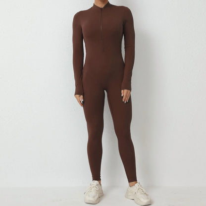 New Nylon Pad Zipper Women Tracksuit Yoga Set One Piece Jumpsuit Workout Scrunch Legging Rompers Sport Gym Active Suit Exercise