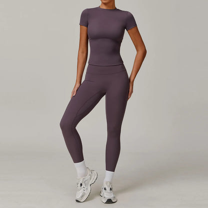 2PCS Yoga Set Women Tracksuits Seamless Workout Set Sportswear Gym Clothing Fitness Sshort Sleeve Crop Top High Waist Leggings
