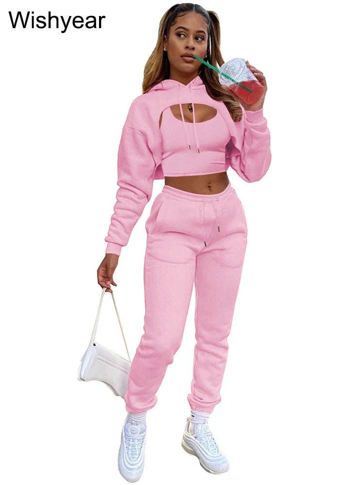 Tracksuit 3 Pieces Pants Sets for Women Velvet Hoodie Crop Tops+Vest+Sweatpants Matching Suit Sport Jogger Winter Fall Outfits