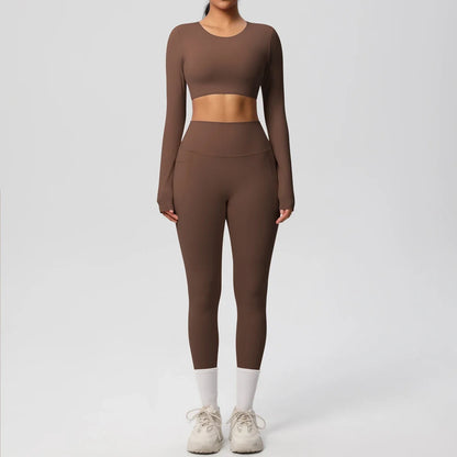 Yoga Set Women Sportswear Yoga Clothes Fitness Long Sleeve With Padded Tracksuits Sports Suit Gym Top High Waist Leggings Pocket