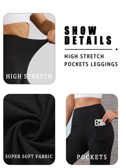 Super Soft Sports Leggings With Pockets For Women High Waisted Workout Yoga Running Push Up Gym Fitness Tight Pants Women's