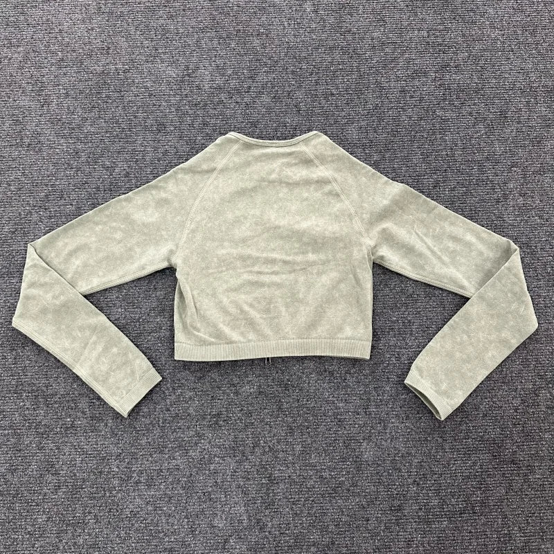 Washed Women Sport Suit Zipper Yoga Set Gym Workout Long Sleeve Fitness Crop Top High Waist Seamless Leggings Gym Set