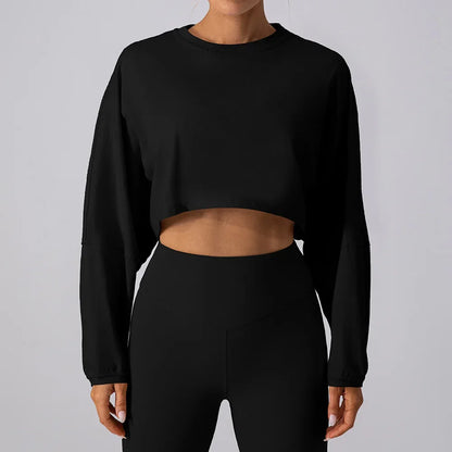Women Sport O-neck Hoodie Long Sleeve Crop Short Shirt Yoga Running Loose Casual Autunm Outfits Training Workout Gym Sweatshirts
