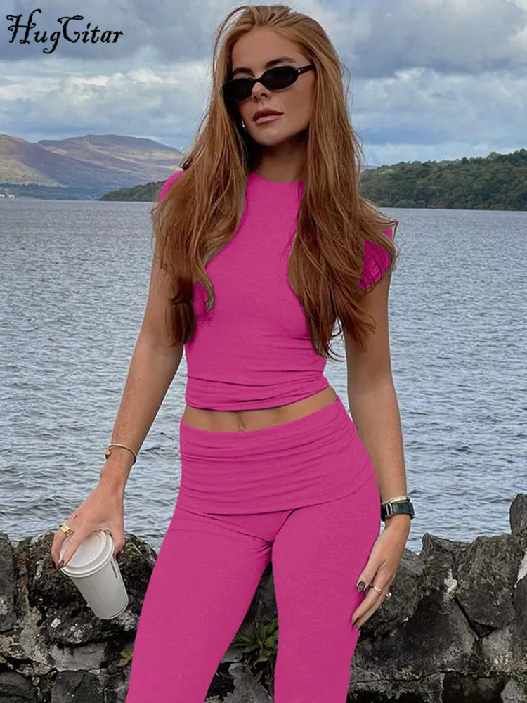 Hugcitar 2024 Summer 2 Piece Co Ord Sets Solid Short Sleeve Sexy Crop Top Pants Women New Casual Outfits Gym Work Out Party Y2K