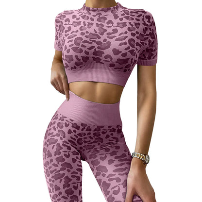 Leopard 2 Piece Yoga Set for Women Workout Clothing Sports Outfits Gym Crop Top Fitness Tracksuits Seamless Leggings Activewear