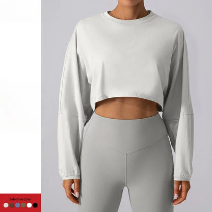 Women Sport O-neck Hoodie Long Sleeve Crop Short Shirt Yoga Running Loose Casual Autunm Outfits Training Workout Gym Sweatshirts