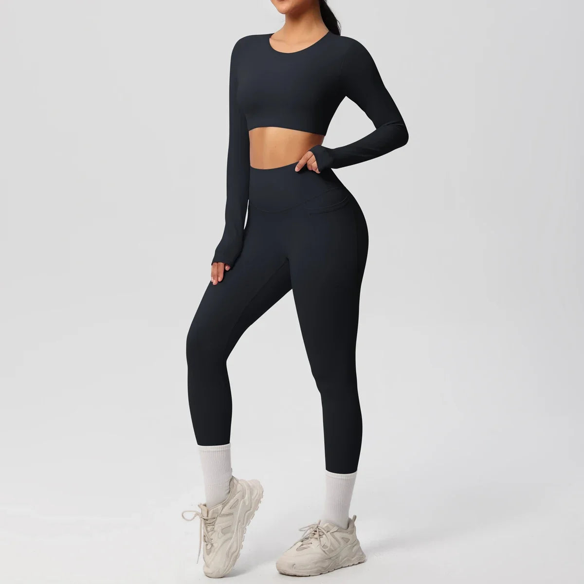 Yoga Set Women Sportswear Yoga Clothes Fitness Long Sleeve With Padded Tracksuits Sports Suit Gym Top High Waist Leggings Pocket