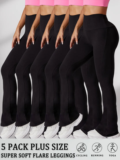 5 Pack Plus Size Women's Super Soft High Waisted Flare Pants, Leggings Tummy Control Soft Bootleg Bell Bottoms Running
