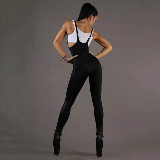 Uoozee Women Sports Skinny Jumpsuits 2025 Newsummer Fashion PU Patchwork Solid Color Sleeveless Fitness Gym Sportswear Outfits
