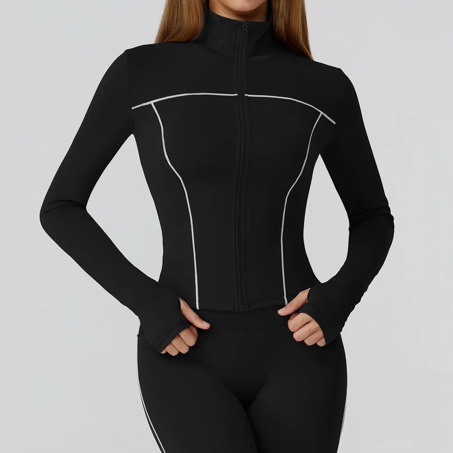 Women Sport Jacket Zipper Yoga Coat Clothes Quick Dry Fitness Jacket Running Long Sleeves Thumb Hole Sportwear Gym Workout Top