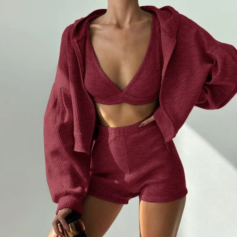 Solid Sport 3 Piece Set Crop Vest Hoodie Tracksuit Women Casual Sweatshirt Coat Mini Short Matching Set Sportswear 3 PCS Outfit