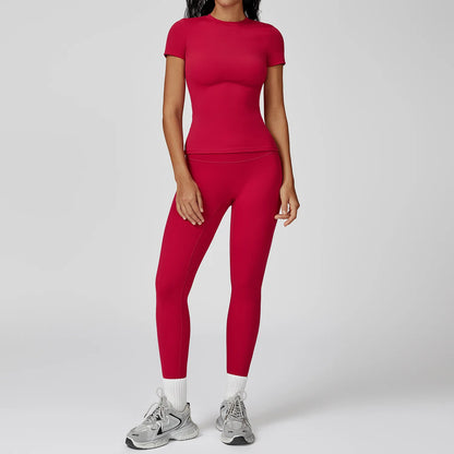 2PCS Yoga Set Women Tracksuits Seamless Workout Set Sportswear Gym Clothing Fitness Sshort Sleeve Crop Top High Waist Leggings