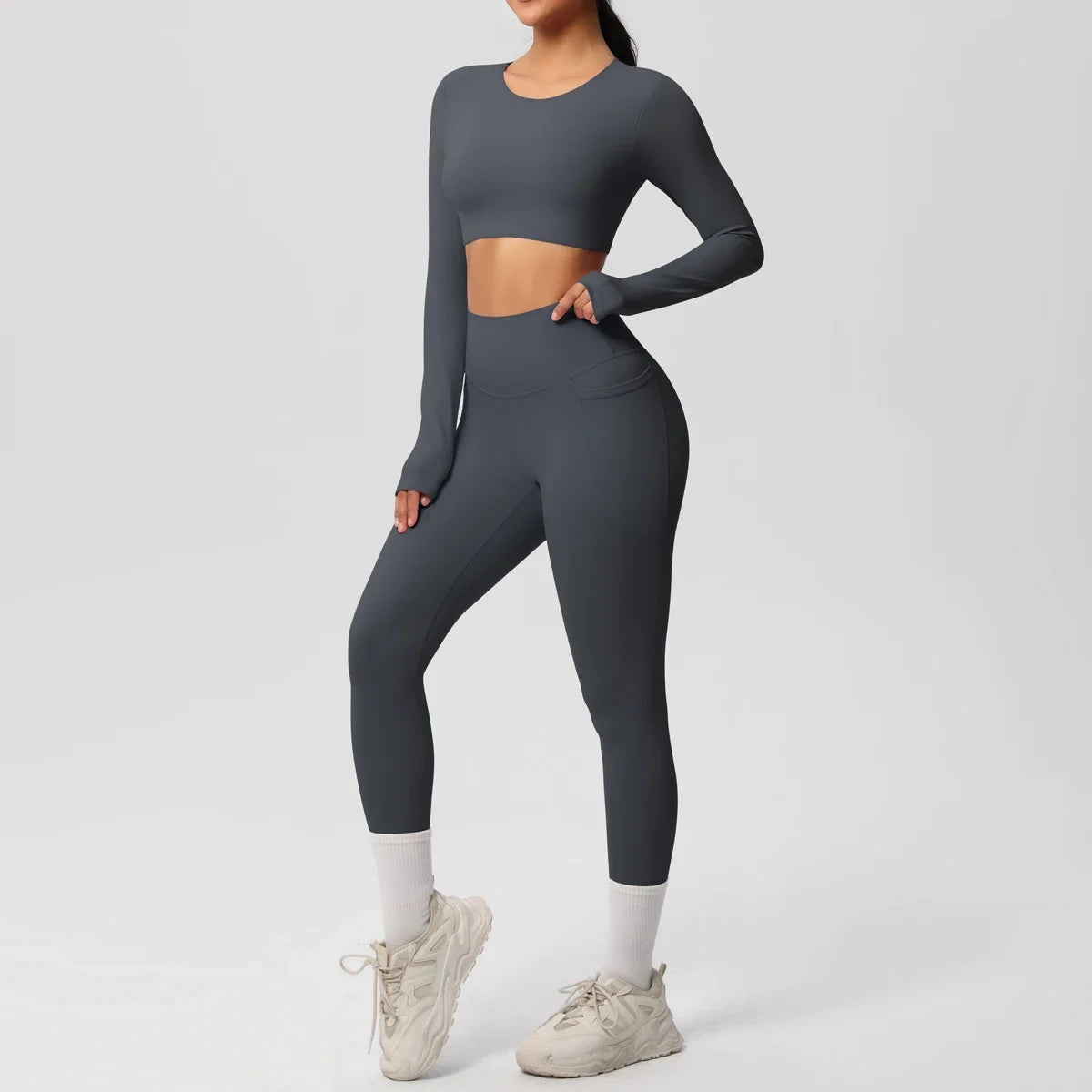 Yoga Set Women Sportswear Yoga Clothes Fitness Long Sleeve With Padded Tracksuits Sports Suit Gym Top High Waist Leggings Pocket