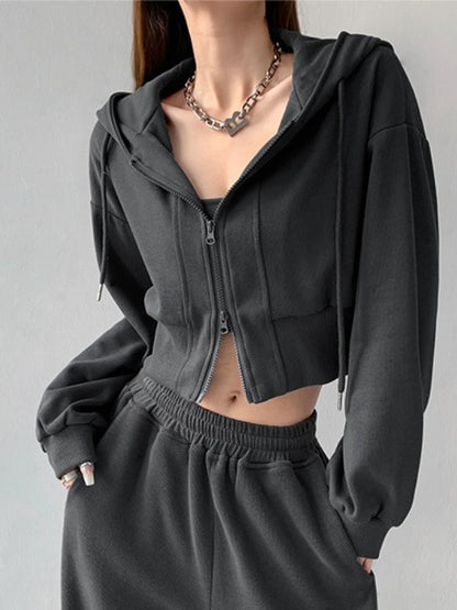 Sport Cropped Baggy Hoodies Sweatshirt for Women Harajuku Fashion Aesthetic Outerwears Korean Streetwear Y2k Woman Hooded Tops