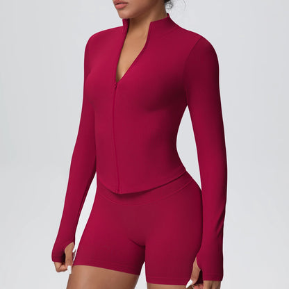 1PC Solid Color Slim Casual Zipper Long Sleeves Yoga Coat for Woman's Quick Drying Gym Sports Running Workout Top Yoga Jacket