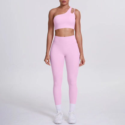 Solid Color Slant Shoulder Bra and Yoga Pants Set for Woman Quick Drying Legging Fitness Sports Gym Yoga Set