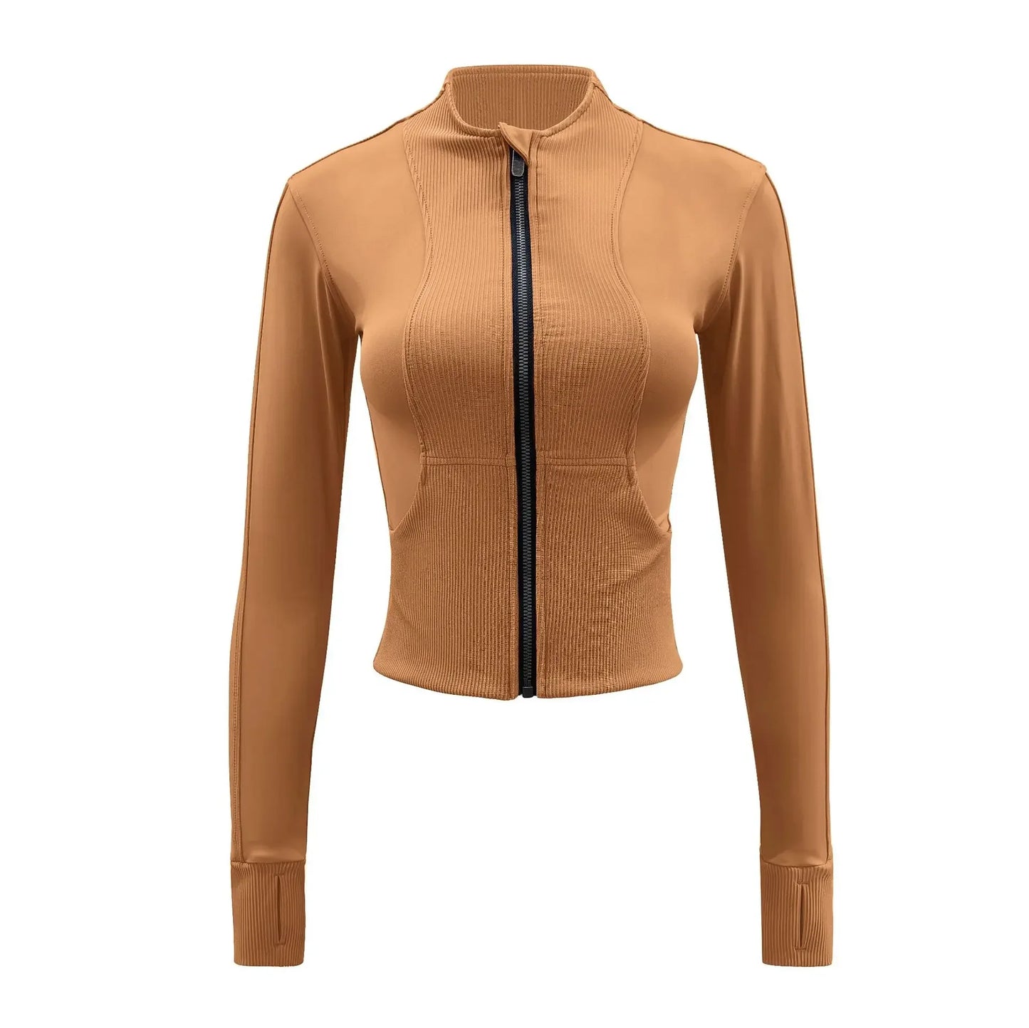 Women Sport Jackets Zipper Slim Yoga Jacket Long Sleeves Thumb Hole Running Sweatshirts Elastic Textured Gym Fitness Coat Female