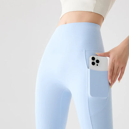 BIVIGAOS Spring Autumn Double Side Pocket Sharkskin Leggings Women Tight Elastic High Waist Sports Fitness Running Leggings