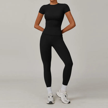 2PCS Yoga Set Women Tracksuits Seamless Workout Set Sportswear Gym Clothing Fitness Sshort Sleeve Crop Top High Waist Leggings