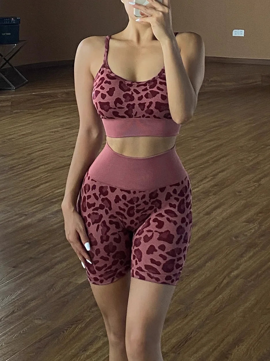 Leopard 2 Piece Yoga Set for Women Workout Clothing Sports Outfits Gym Crop Top Fitness Tracksuits Seamless Leggings Activewear