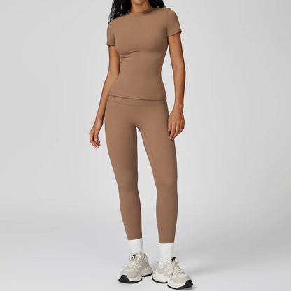 2PCS Yoga Set Women Tracksuits Seamless Workout Set Sportswear Gym Clothing Fitness Sshort Sleeve Crop Top High Waist Leggings