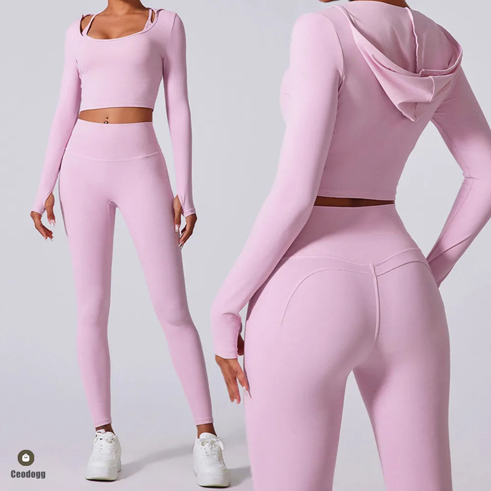 2PCS Hoody Sportswear Long Sleeve Crop Top Women Yoga Set Fitness Bra Workout Clothes Active Gym Legging Athletic Wear Suit XP14