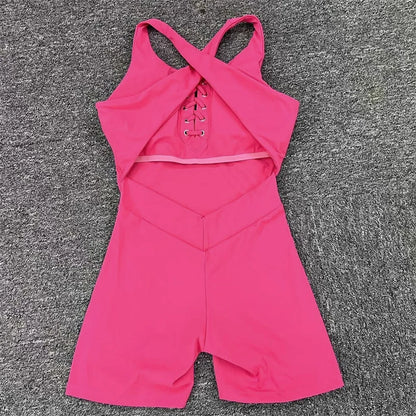 2024 New Lycra Pad Laced Yoga Set Hip Lifting Squat Proof Shorts Sports One Piece Jumpsuit Gym Fitness Bodysuit Active Romper