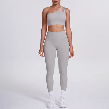 Solid Color Slant Shoulder Bra and Yoga Pants Set for Woman Quick Drying Legging Fitness Sports Gym Yoga Set