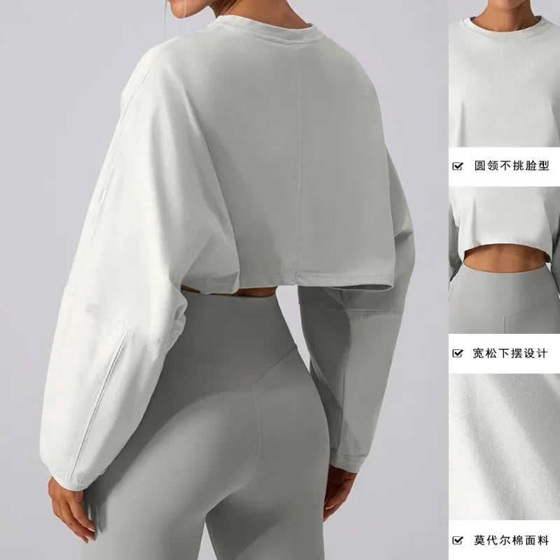 Women Sport O-neck Hoodie Long Sleeve Crop Short Shirt Yoga Running Loose Casual Autunm Outfits Training Workout Gym Sweatshirts