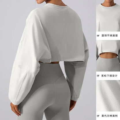 Women Sport O-neck Hoodie Long Sleeve Crop Short Shirt Yoga Running Loose Casual Autunm Outfits Training Workout Gym Sweatshirts