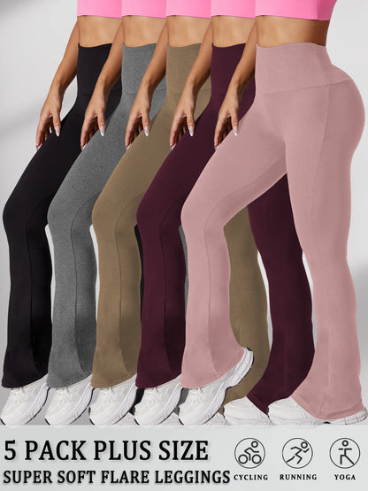 5 Pack Plus Size Women's Super Soft High Waisted Flare Pants, Leggings Tummy Control Soft Bootleg Bell Bottoms Running