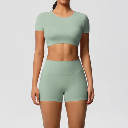 Yoga Suit Women Leggings with Pocketed Quick-Drying Gym Set Women Tracksuit Running Workout Short Sleeves Sports Yoga Clothing