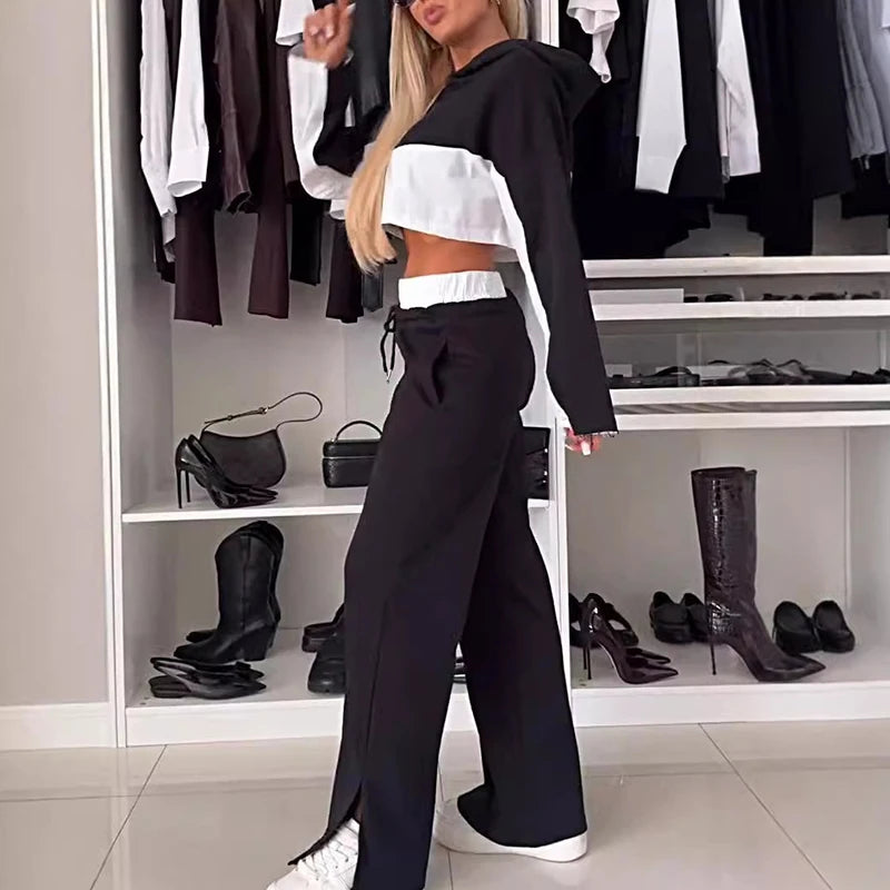 New Contrast Printed Top+Pants Two Piece Set Casual Women's Hoodies Crop Tops Match Drawstring Pants Suit Fashion Sport Clothing