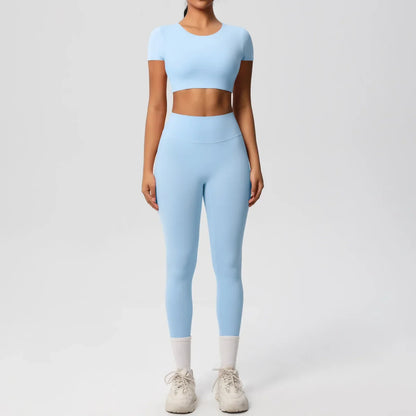 Yoga Suit Women Leggings with Pocketed Quick-Drying Gym Set Women Tracksuit Running Workout Short Sleeves Sports Yoga Clothing