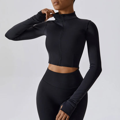 Sports Jacket Women's Zipper Long-Sleeved Stand-up Jacket Quick-Drying Training Yoga Clothes Summer Breathable Top Gym Fitness