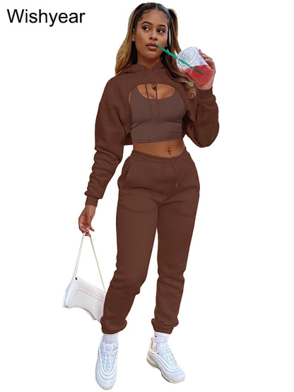 Tracksuit 3 Pieces Pants Sets for Women Velvet Hoodie Crop Tops+Vest+Sweatpants Matching Suit Sport Jogger Winter Fall Outfits