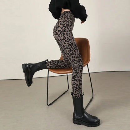Autumn Winter Leopard Print Leggings Women's Velvet Pants Ankle Length High Waist Slim Elastic Warm Yoga Sport Leggings Women